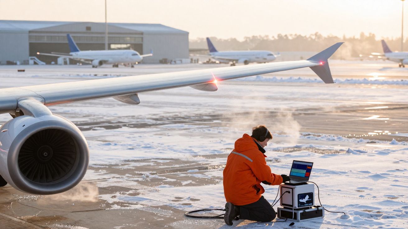 Technicien en tenue orange travaillant sur un ordinateur près d’un avion sur une piste enneigée à l’aéroport.