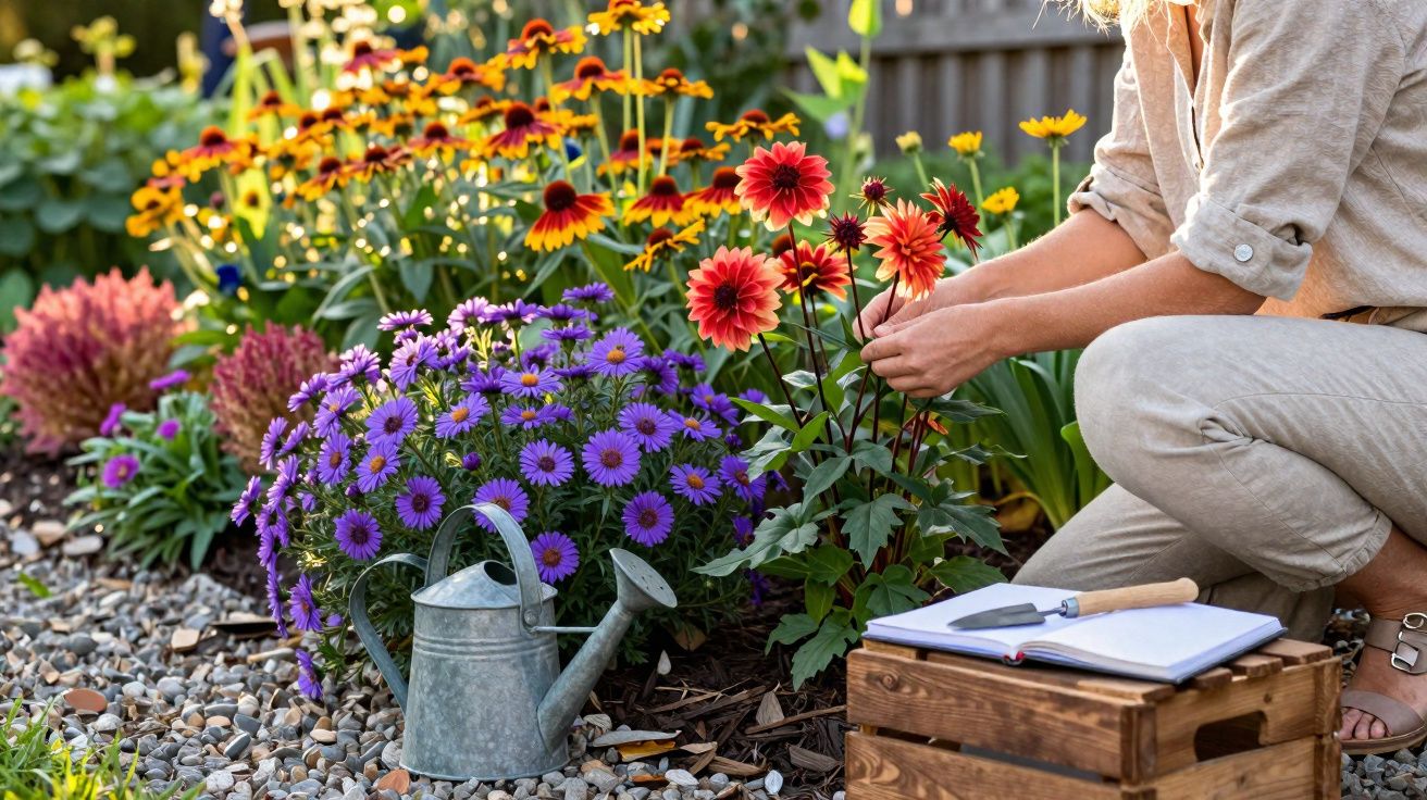 Personne en position accroupie prenant soin de fleurs colorées dans un jardin ensoleillé avec arrosoir et carnet.