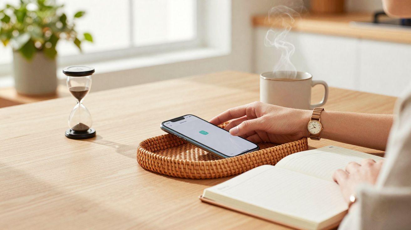 Main posant un smartphone en charge sur un support tressé près d’un carnet ouvert et une tasse fumante.