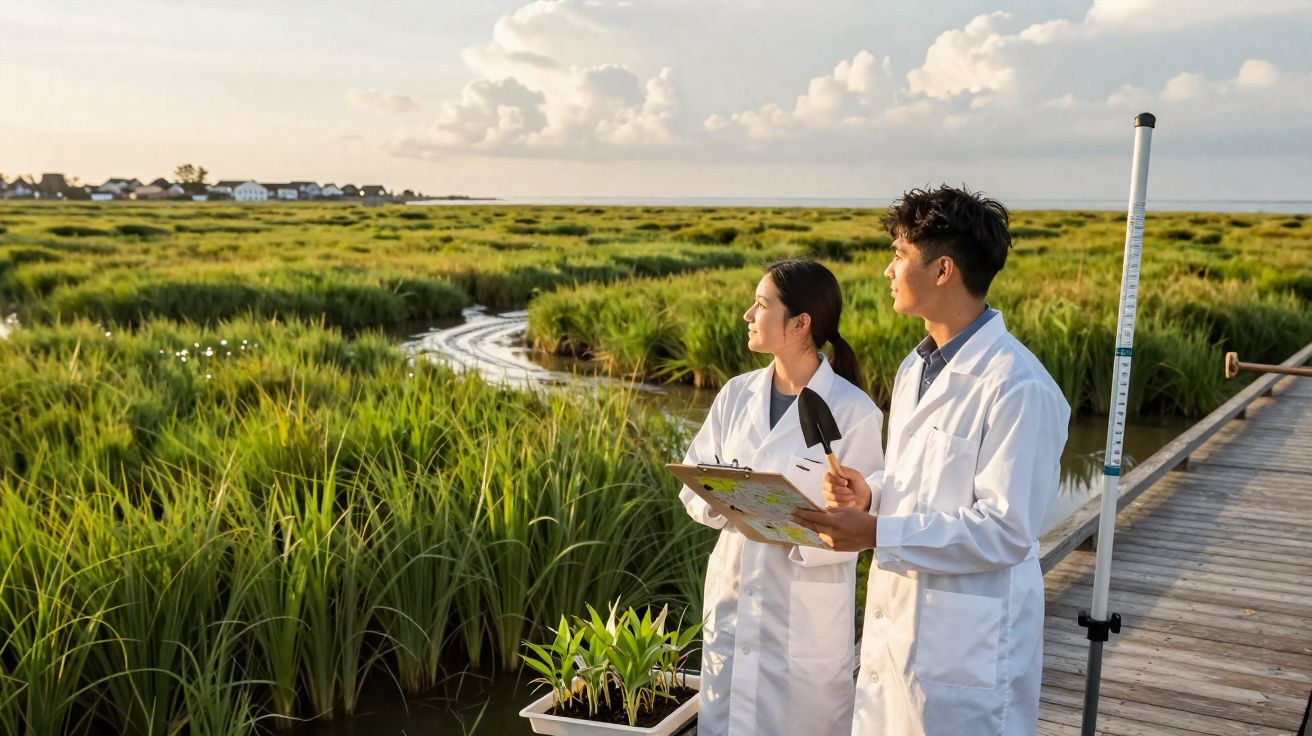 Deux chercheurs en blouse blanche observent un marais verdoyant au bord d’un pont en bois.