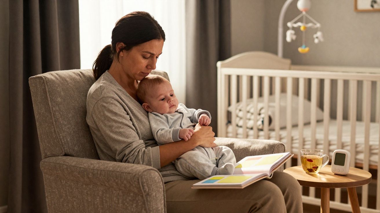 Femme assise dans un fauteuil tenant un bébé, lisant un livre dans une chambre avec un lit bébé en arrière-plan.