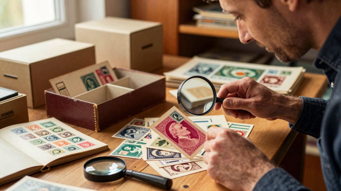 Homme examinant des timbres anciens avec une loupe sur une table en bois avec boîtes et albums.