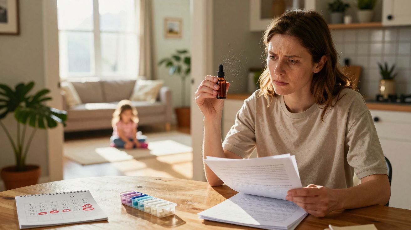 Femme préoccupée lisant des documents à table avec pilulier, calendrier et enfant floue en arrière-plan.