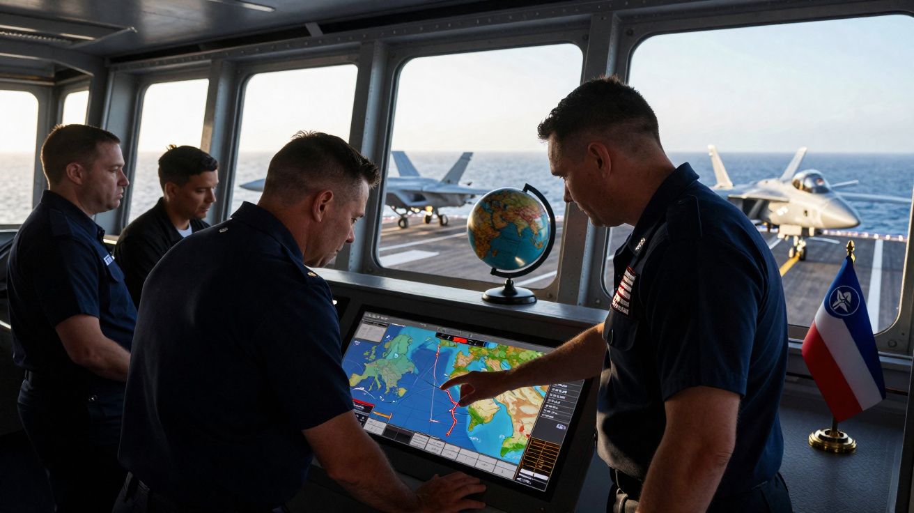 Quatre marins dans la cabine de pilotage d’un porte-avions, observant une carte numérique et deux avions à l’extérieur.