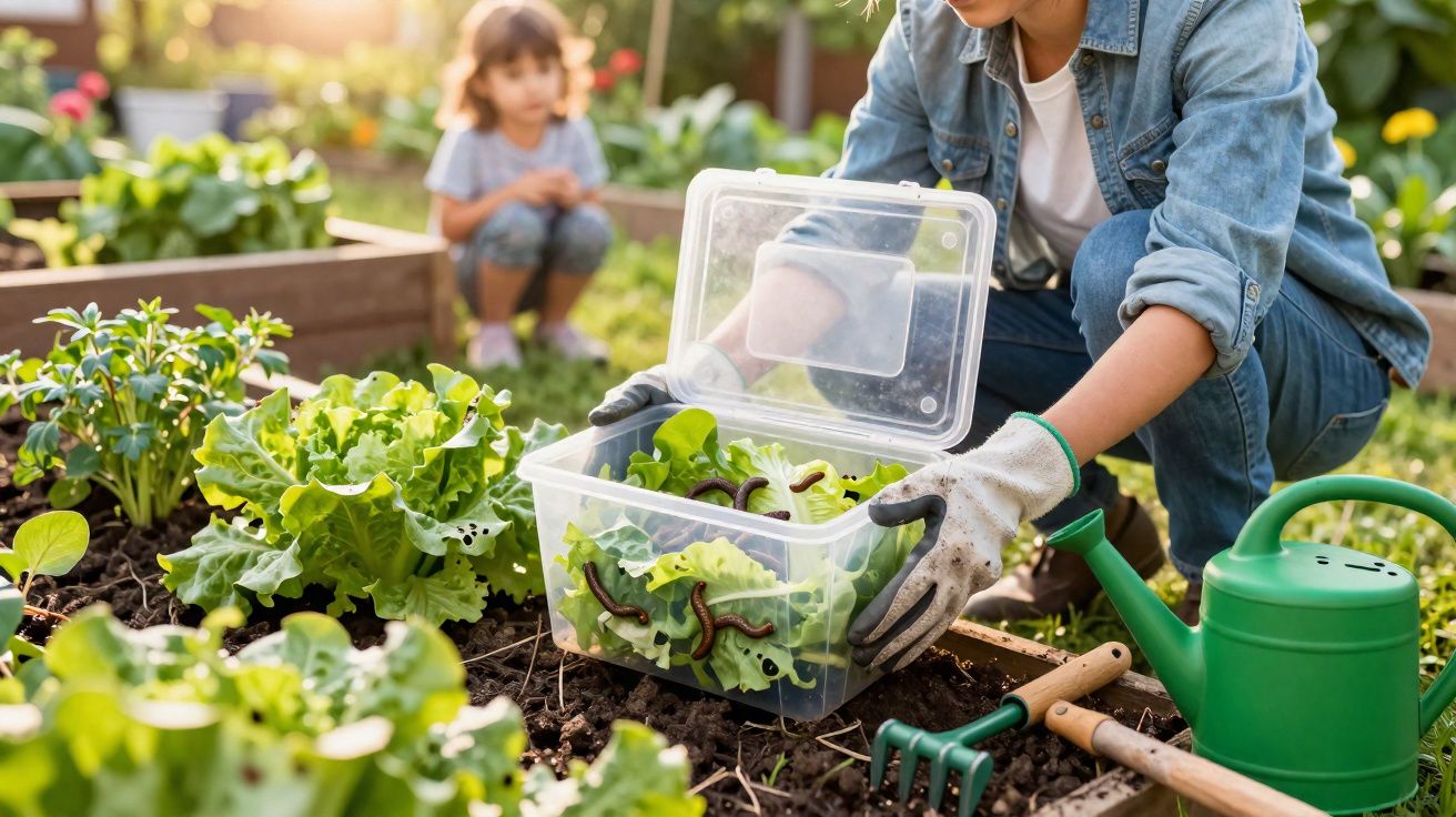 Personne jardinant avec un bac transparent contenant des vers de terre parmi les laitues dans un potager.