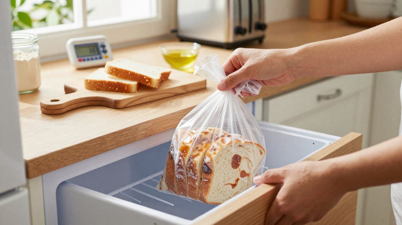 Une personne range un paquet de pain tranché dans un tiroir réfrigéré de cuisine moderne.