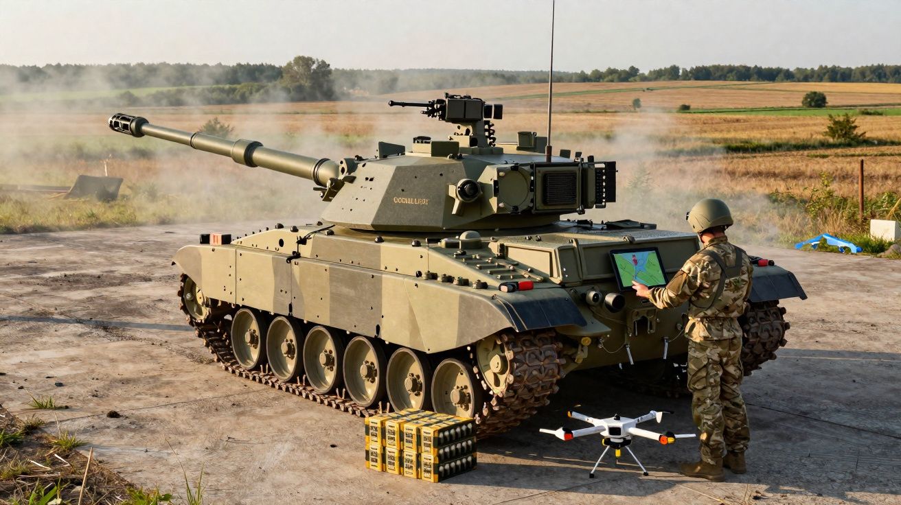 Char d'assaut militaire vert avec un soldat utilisant une tablette et un drone au sol dans un champ.