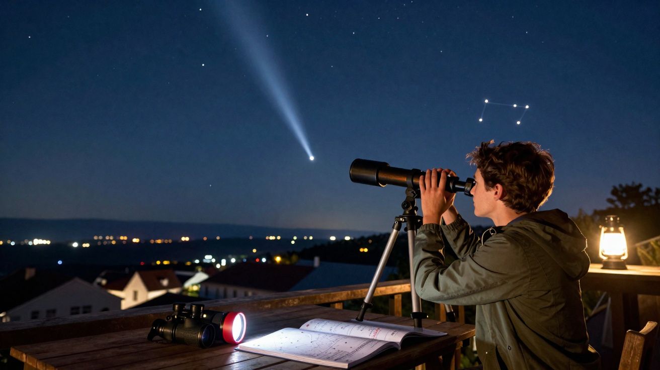 Une personne observe une comète à travers un télescope sur une terrasse la nuit avec cartes d'étoiles et lampe allumée.
