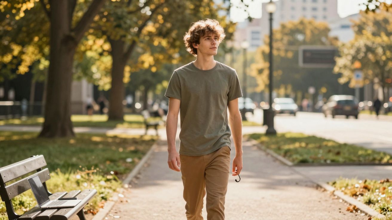 Jeune homme marchant dans un parc ensoleillé, entouré d'arbres et de bancs vides.