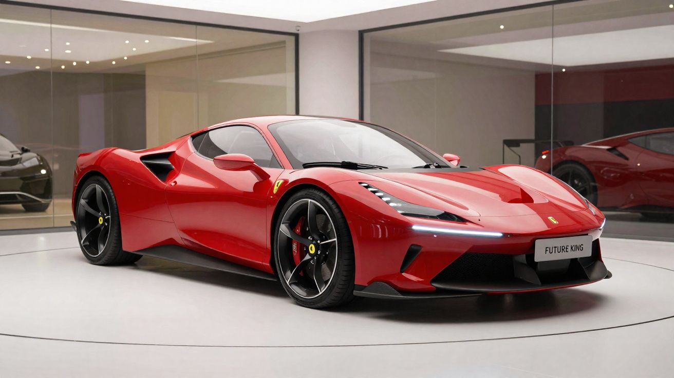 Voiture de sport rouge Ferrari exposée dans une galerie moderne avec des murs en verre et un sol blanc.
