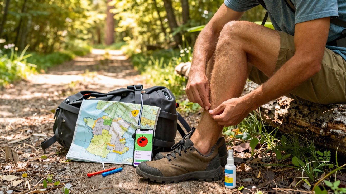 Homme assis en forêt, soignant sa cheville, sac à dos et carte de France posés à côté sur le sentier.
