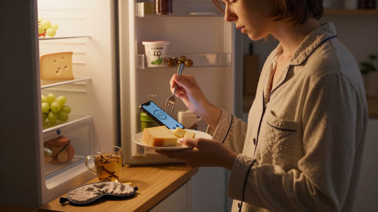 Personne en pyjama prenant un morceau de fromage devant un réfrigérateur ouvert la nuit.