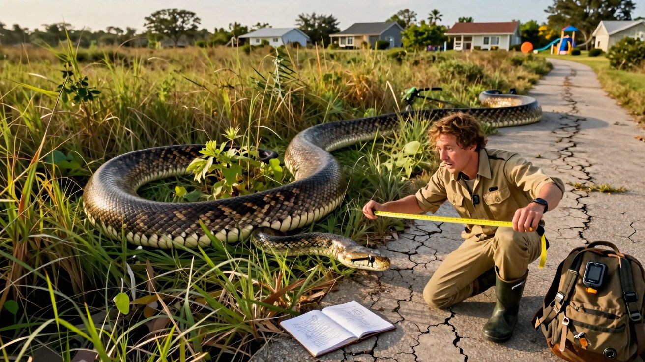 Un homme mesure un serpent géant près d’une route fissurée en zone herbeuse, avec maisons en arrière-plan.