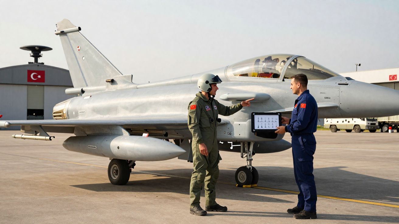 Deux militaires turcs discutant près d'un avion de chasse argenté sur une piste d'aéroport.