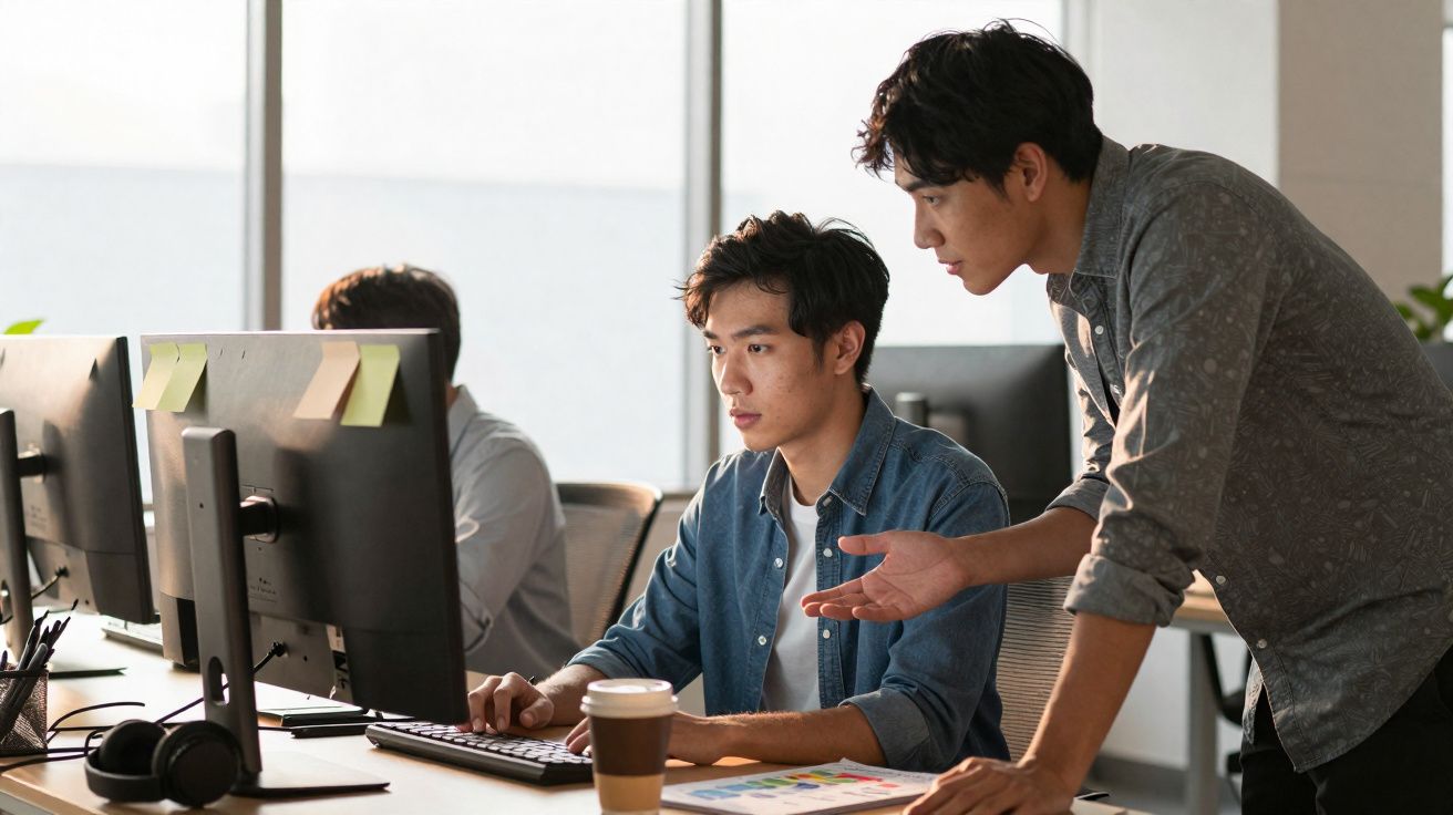 Deux collègues discutent devant un ordinateur dans un bureau lumineux au travail.