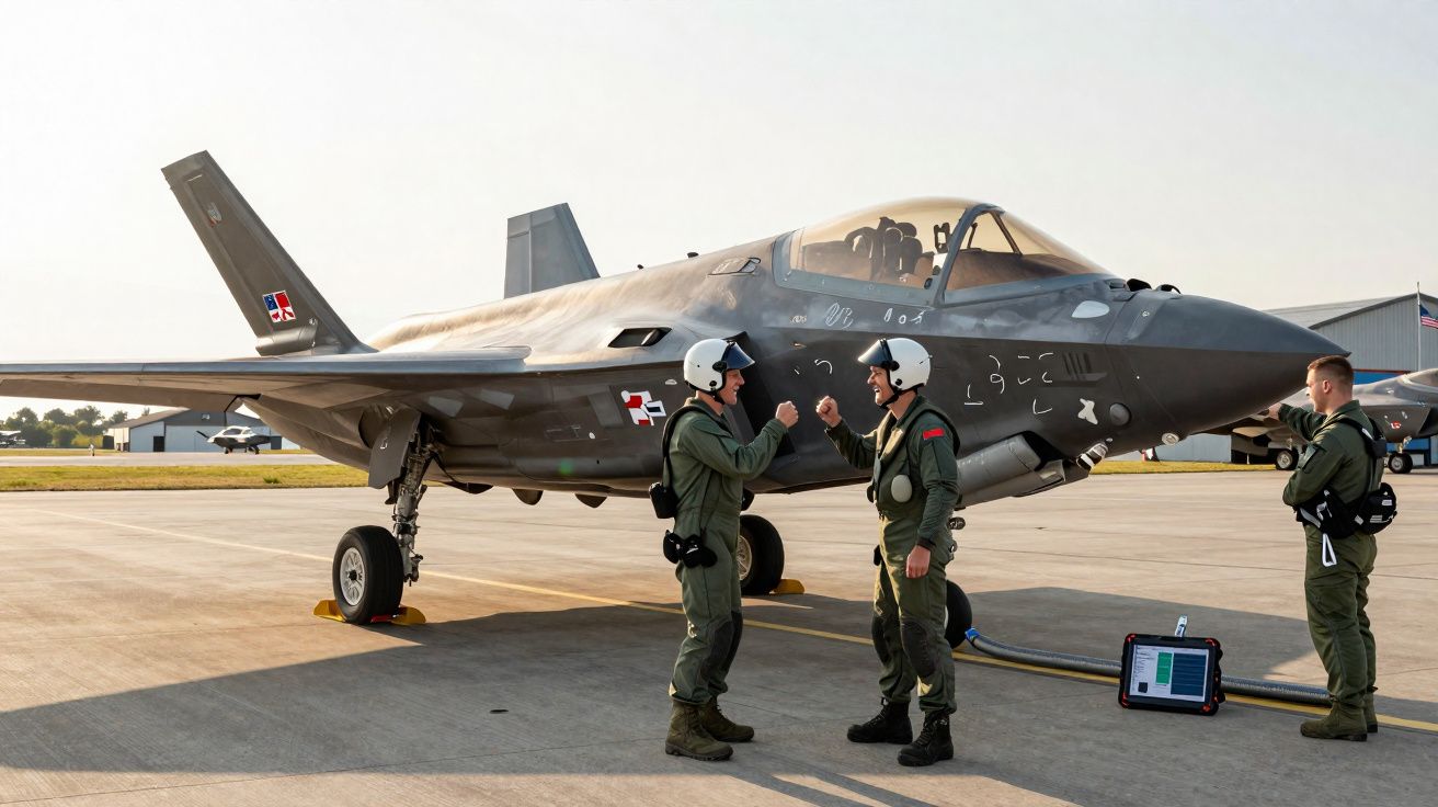 Deux pilotes en tenue de vol saluent devant un avion furtif stationné sur un tarmac militaire.