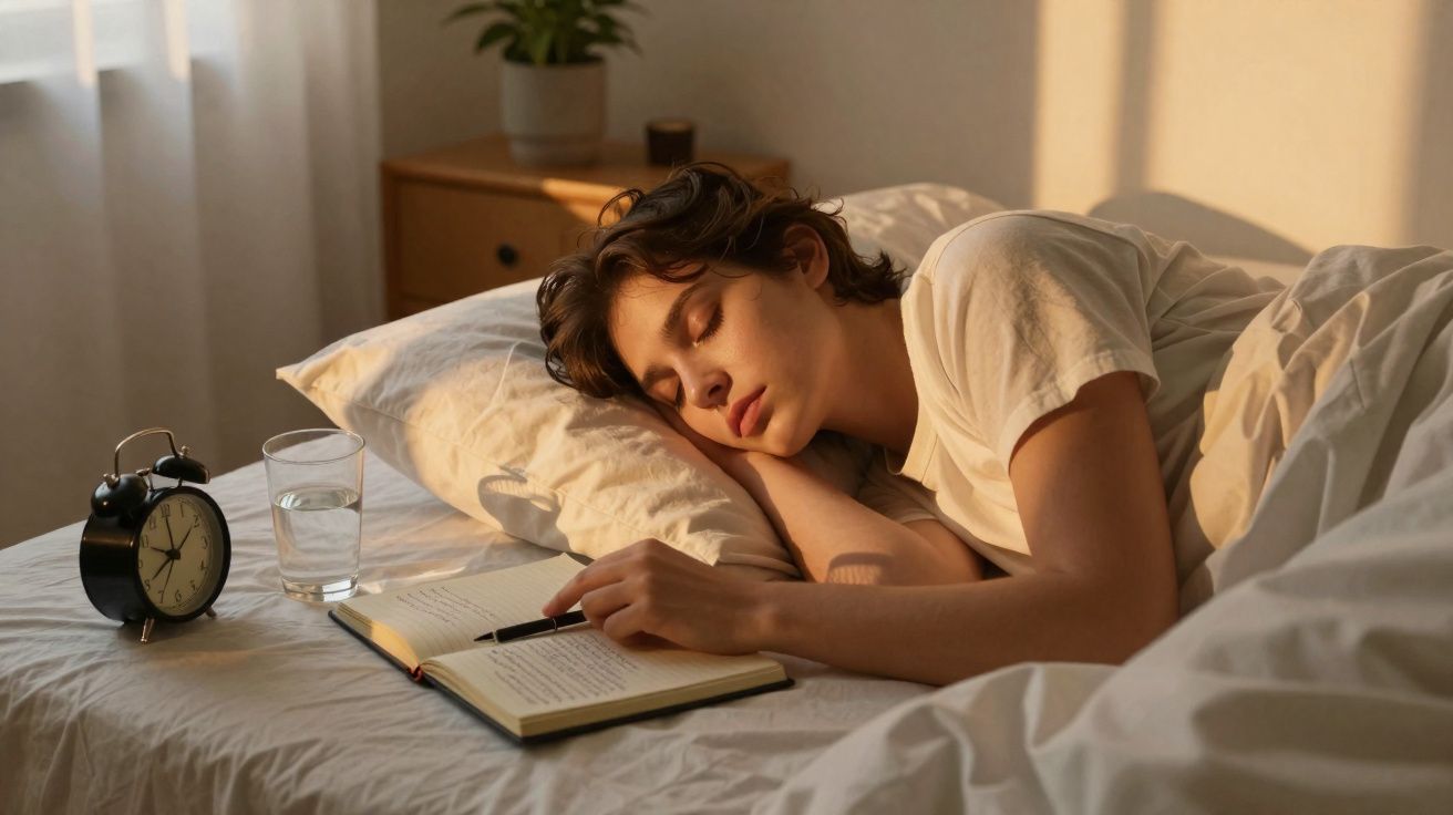 Jeune femme endormie sur son lit avec un livre ouvert et un réveil à côté, lumière douce du matin.