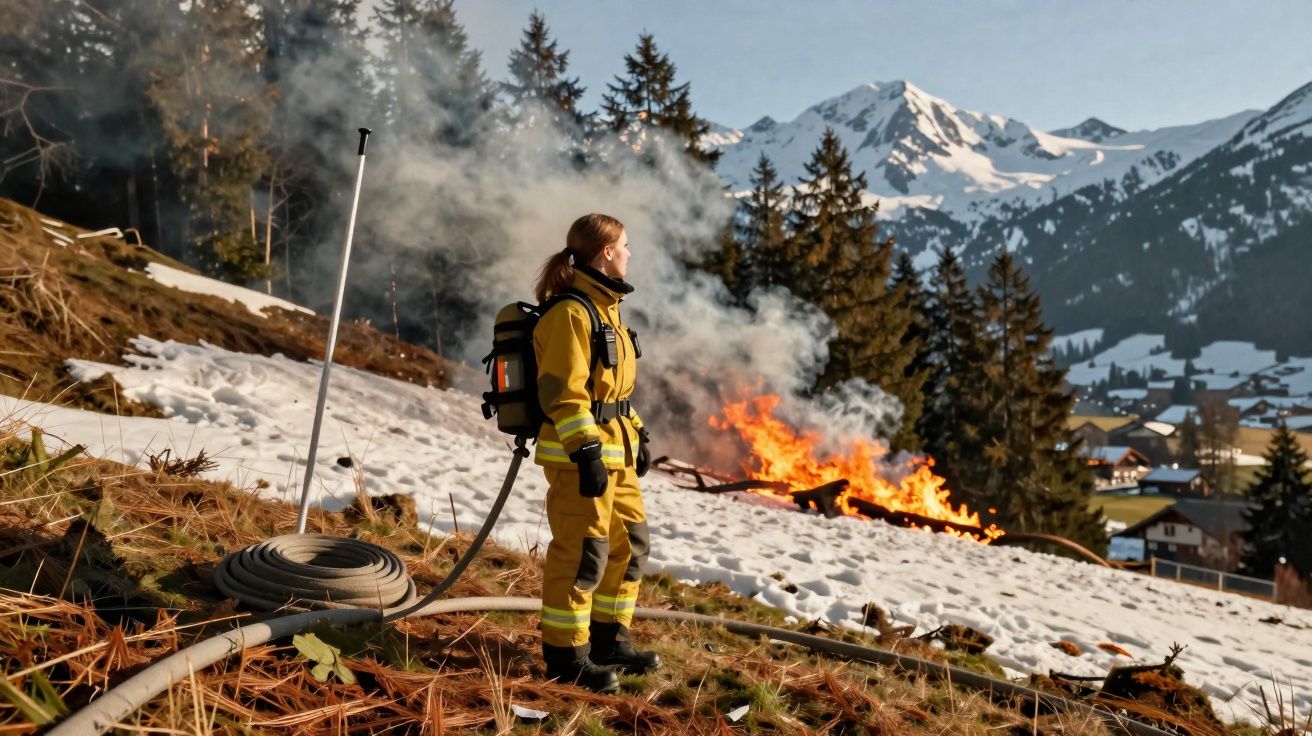 Femme pompier en tenue jaune regardant un feu de forêt en montagne enneigée avec village au loin.