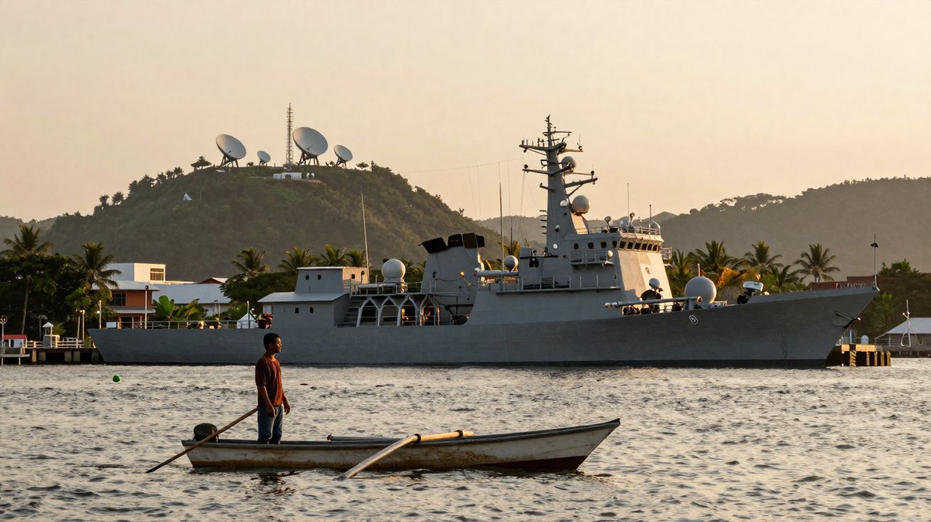Un homme rame dans une petite barque devant un grand navire militaire gris amarré au port.