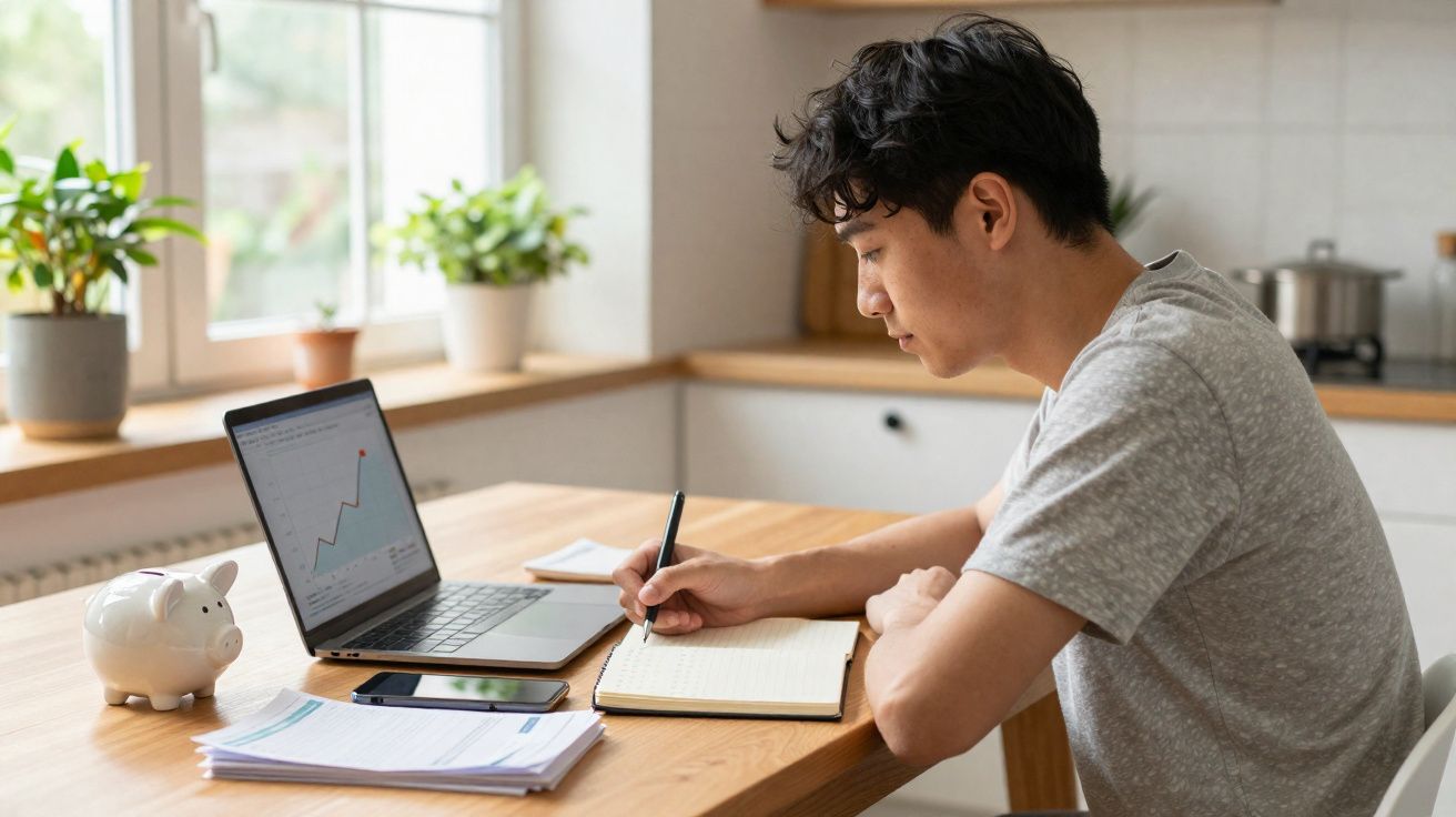 Homme concentré travaillant à table avec ordinateur, carnet de notes, documents et tirelire à proximité.