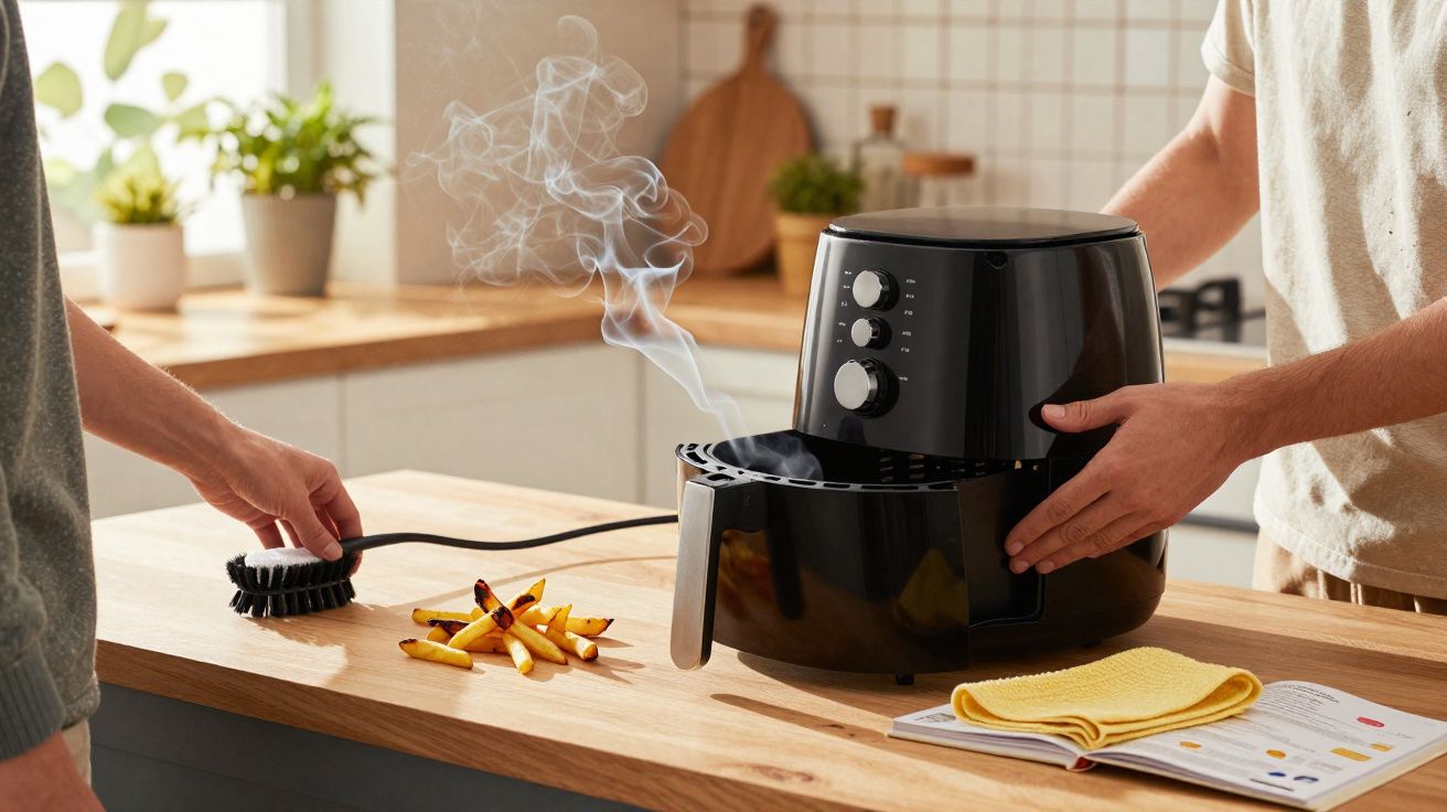 Deux personnes utilisent une friteuse à air noire fumante sur un plan de travail en bois dans une cuisine moderne.