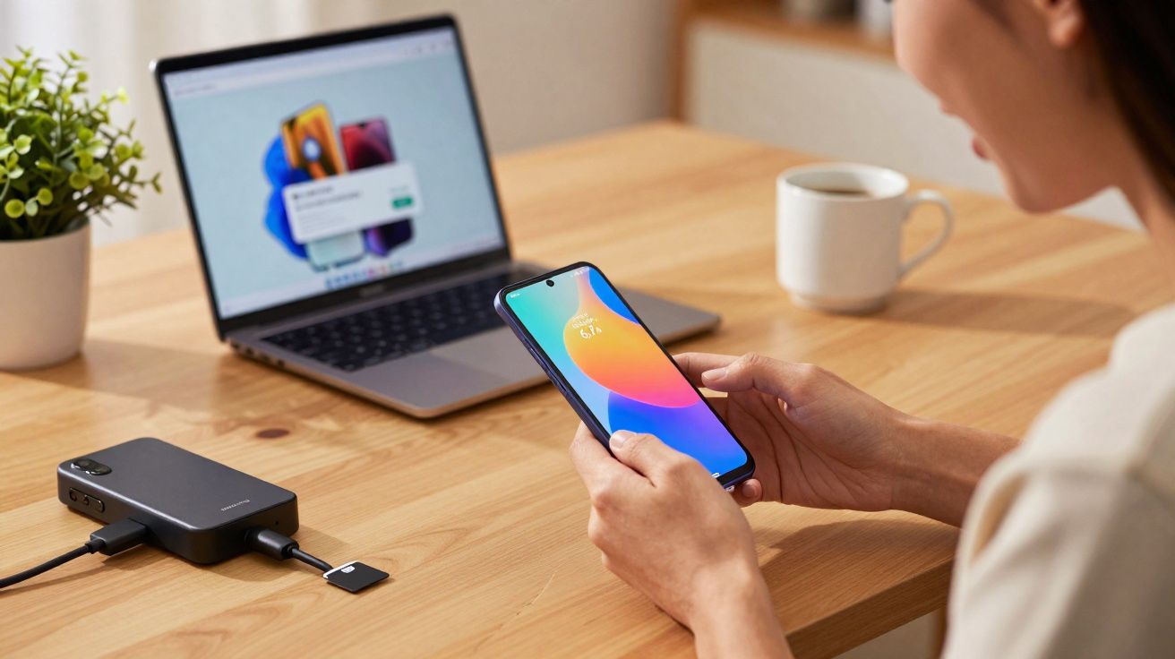 Personne tenant un smartphone près d’un ordinateur portable, une tasse et une plante sur une table en bois.