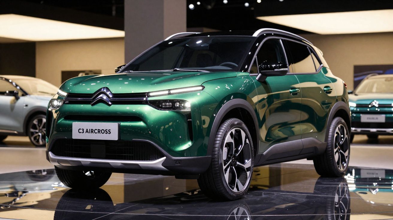 SUV Citroën C3 Aircross vert métallisé exposé en salon automobile moderne.