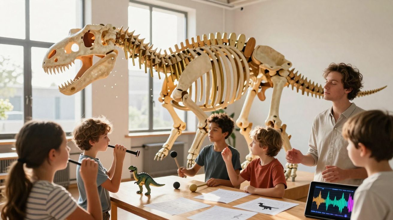 Groupe d'enfants avec un enseignant jouant des instruments devant un squelette de dinosaure dans une salle lumineuse.