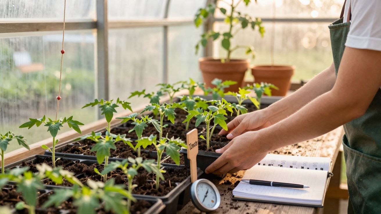 Personne plantant des jeunes plants de tomates dans une serre avec un carnet et un thermomètre à côté.
