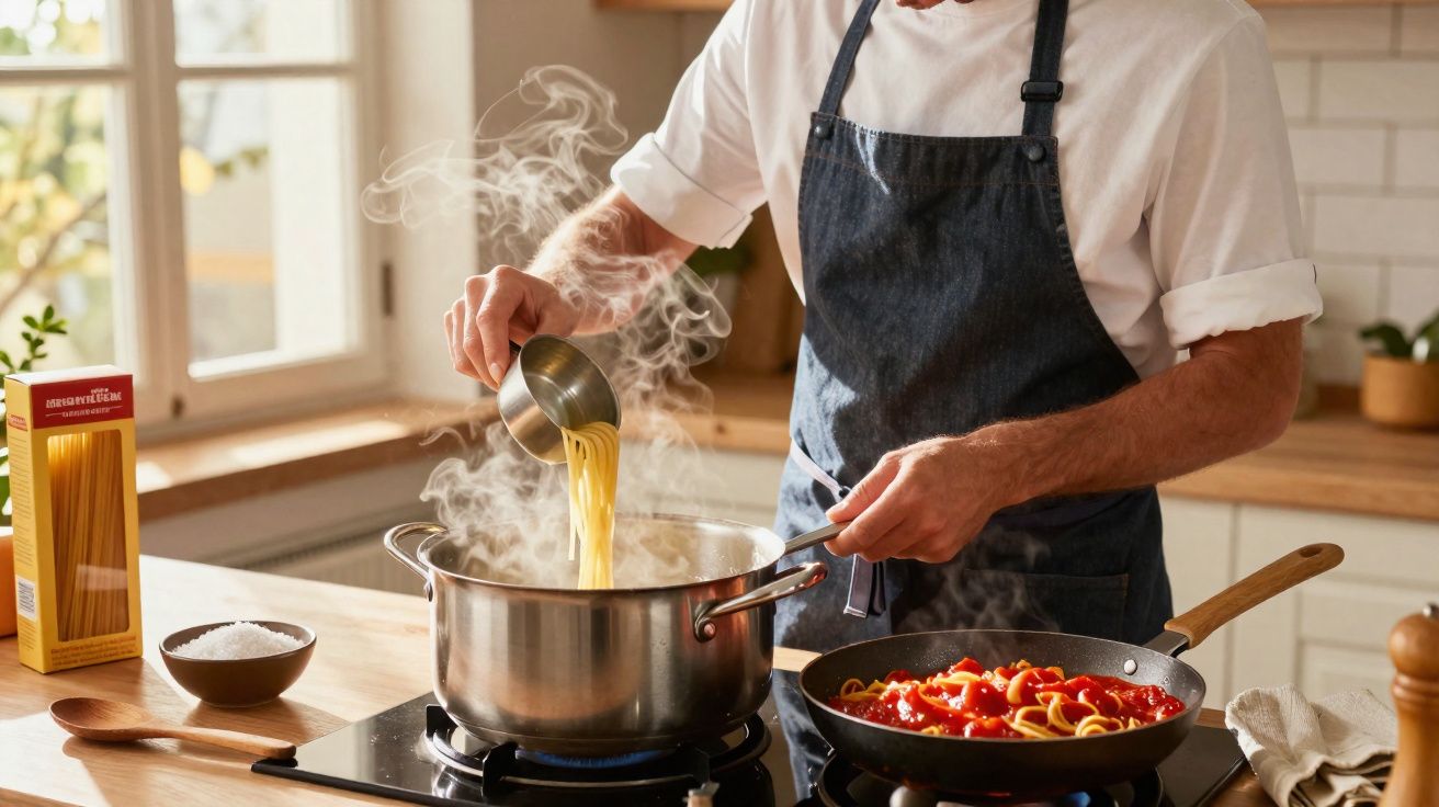 Une personne verse des pâtes cuites dans une casserole avec une sauce tomate chaude dans une poêle à côté.