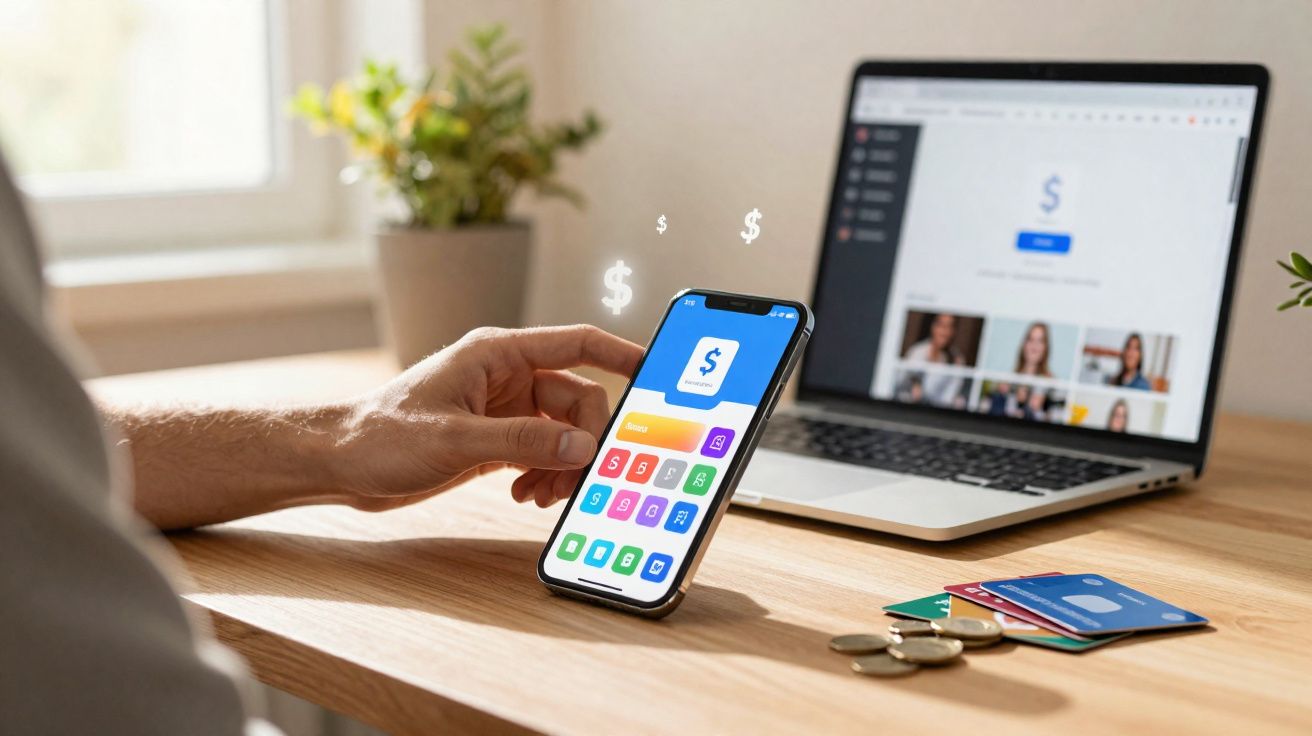Personne utilisant un smartphone avec une application financière devant un ordinateur portable avec des cartes bancaires et d