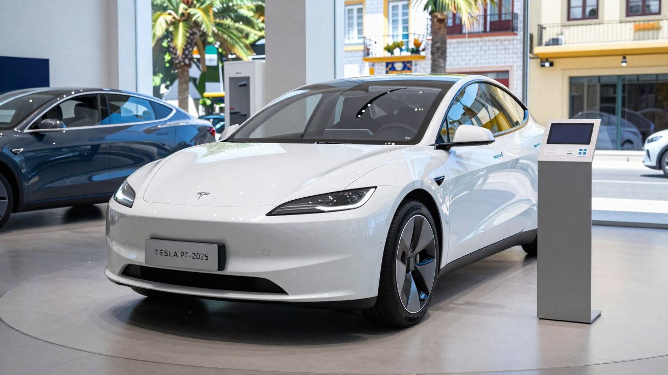 Voiture électrique Tesla blanche exposée en showroom, avec borne d'information numérique à côté.