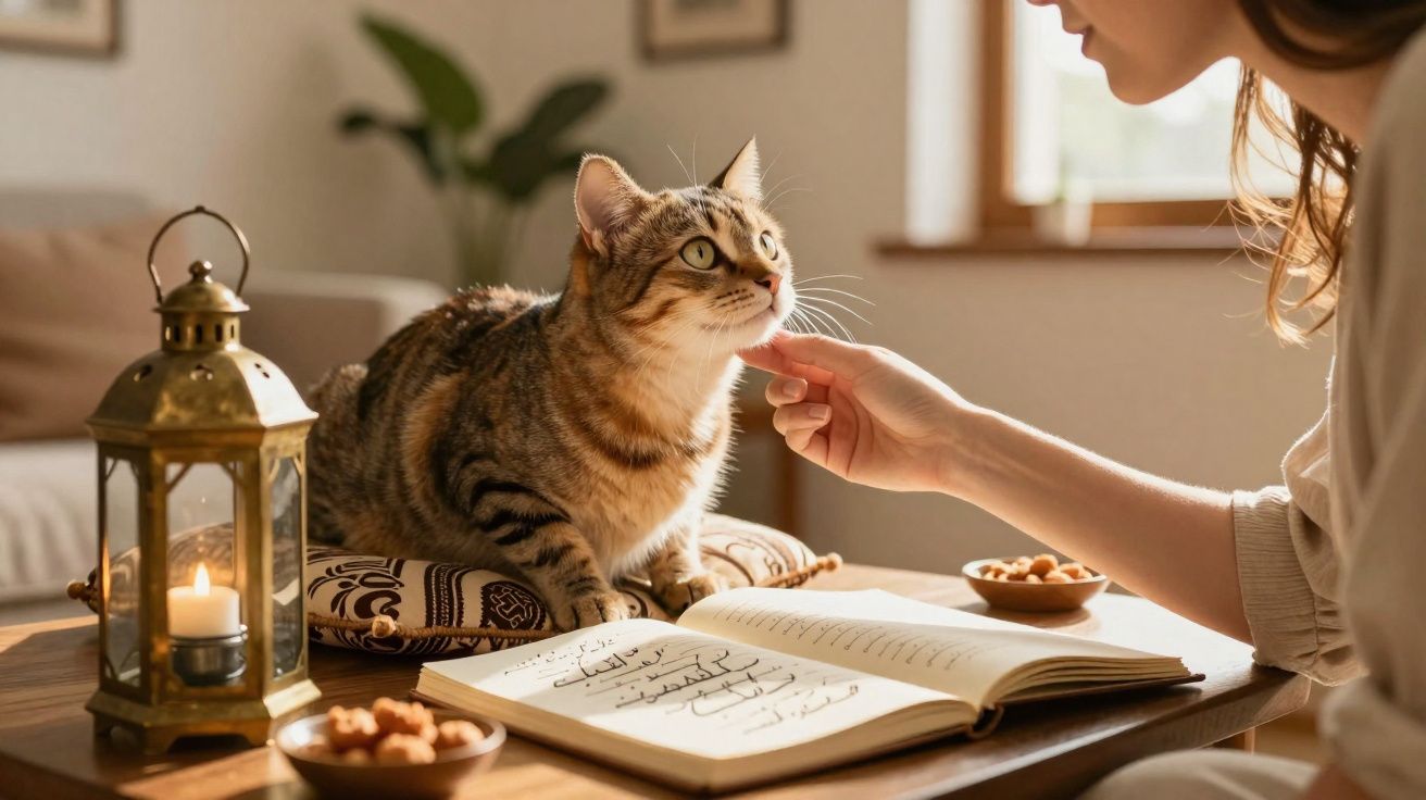 Femme caressant un chat tigré assis sur un coussin près d'un livre ouvert et d'une lanterne allumée.