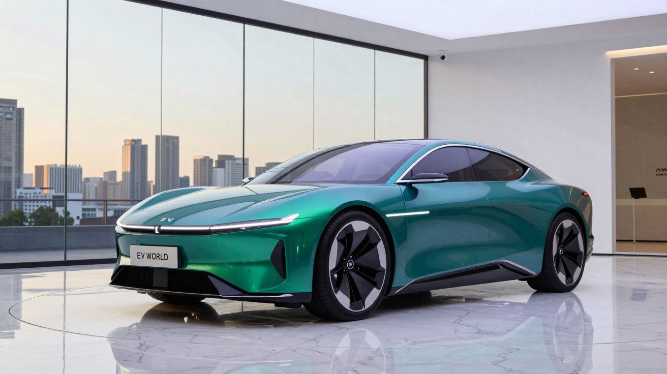 Voiture électrique verte brillante garée dans un showroom moderne avec grandes vitrines et vue sur la ville.