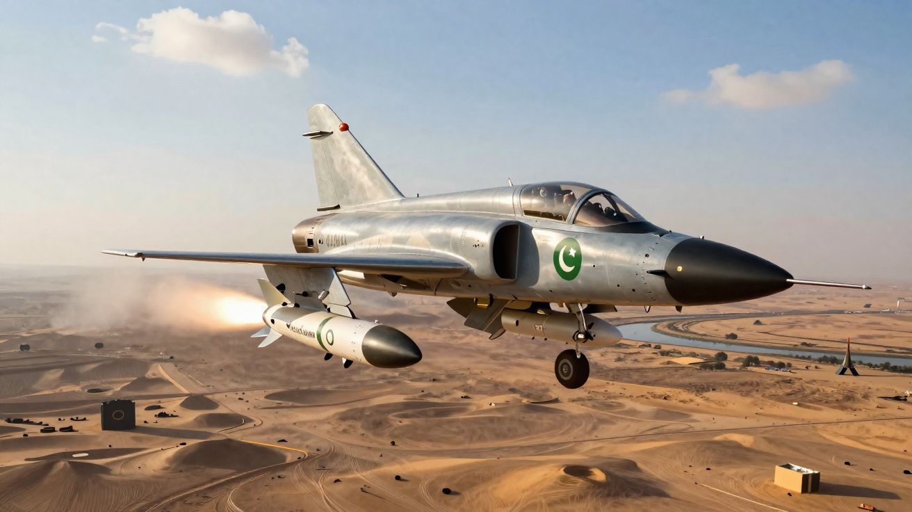 Avion militaire de chasse argenté en vol basse altitude dans un paysage désertique clair.