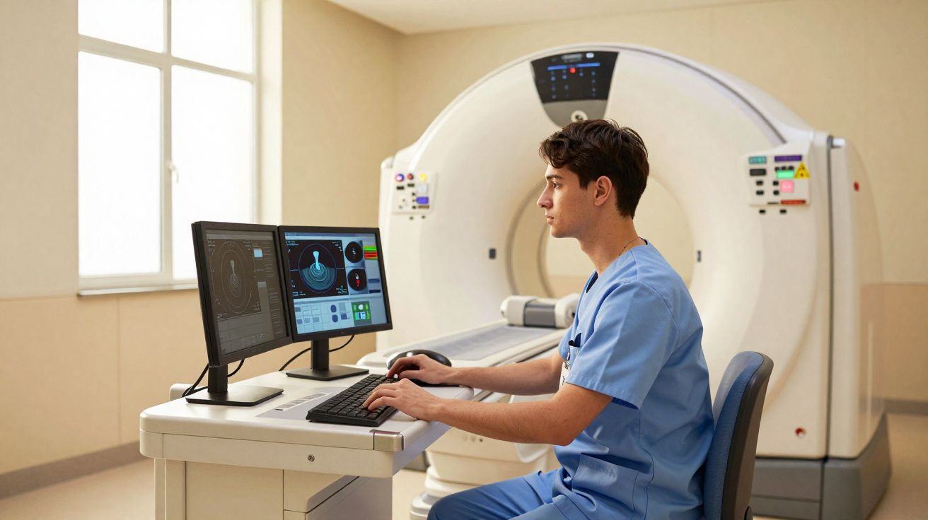 Technicien en blouse bleue utilisant un ordinateur pour analyser des images médicales devant un scanner IRM dans une salle lu