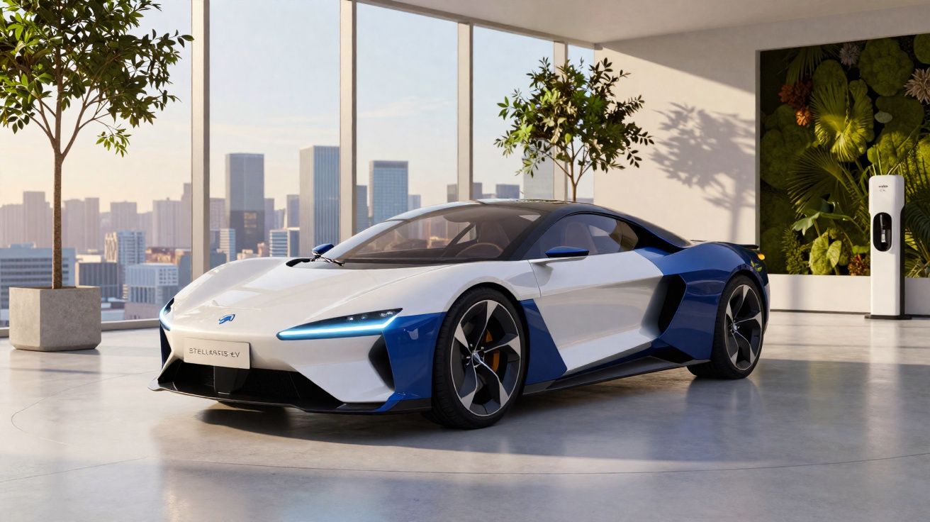 Voiture de sport électrique bleue et blanche garée dans un showroom moderne avec vue sur la ville.