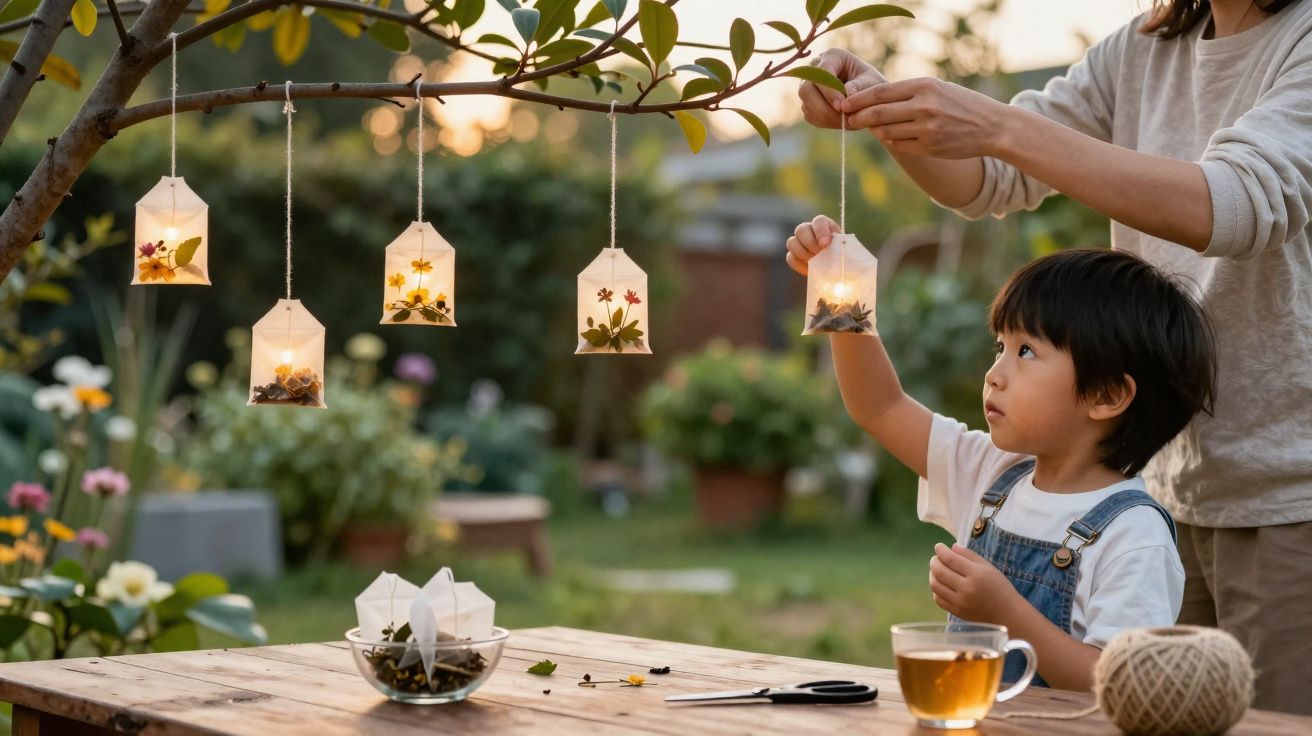 Un enfant et un adulte accrochent des lanternes décorées de fleurs séchées à une branche dans un jardin.