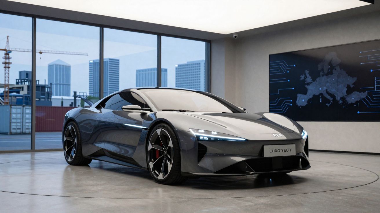 Voiture sportive électrique grise stationnée dans un showroom moderne avec grande baie vitrée et carte digitale murale.