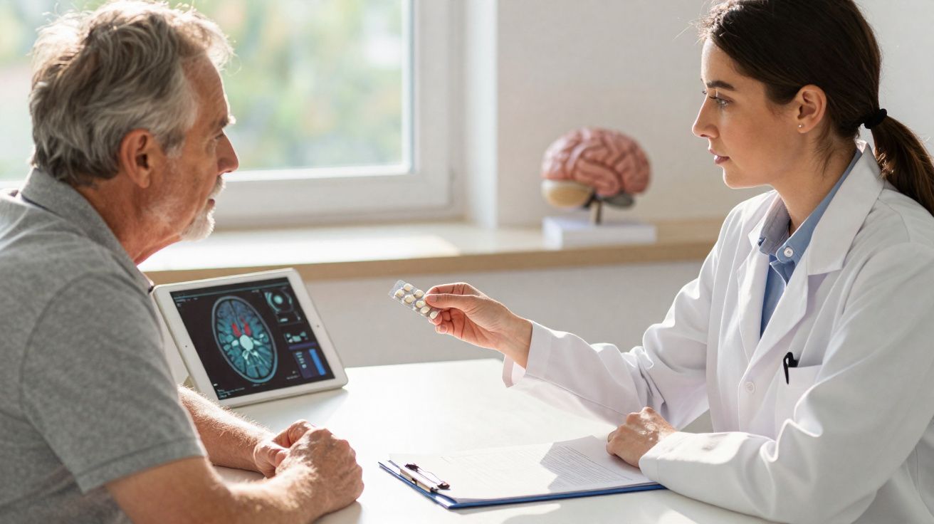 Médecin neurologue expliquant un traitement médicamenteux à un patient âgé lors d'une consultation en cabinet.