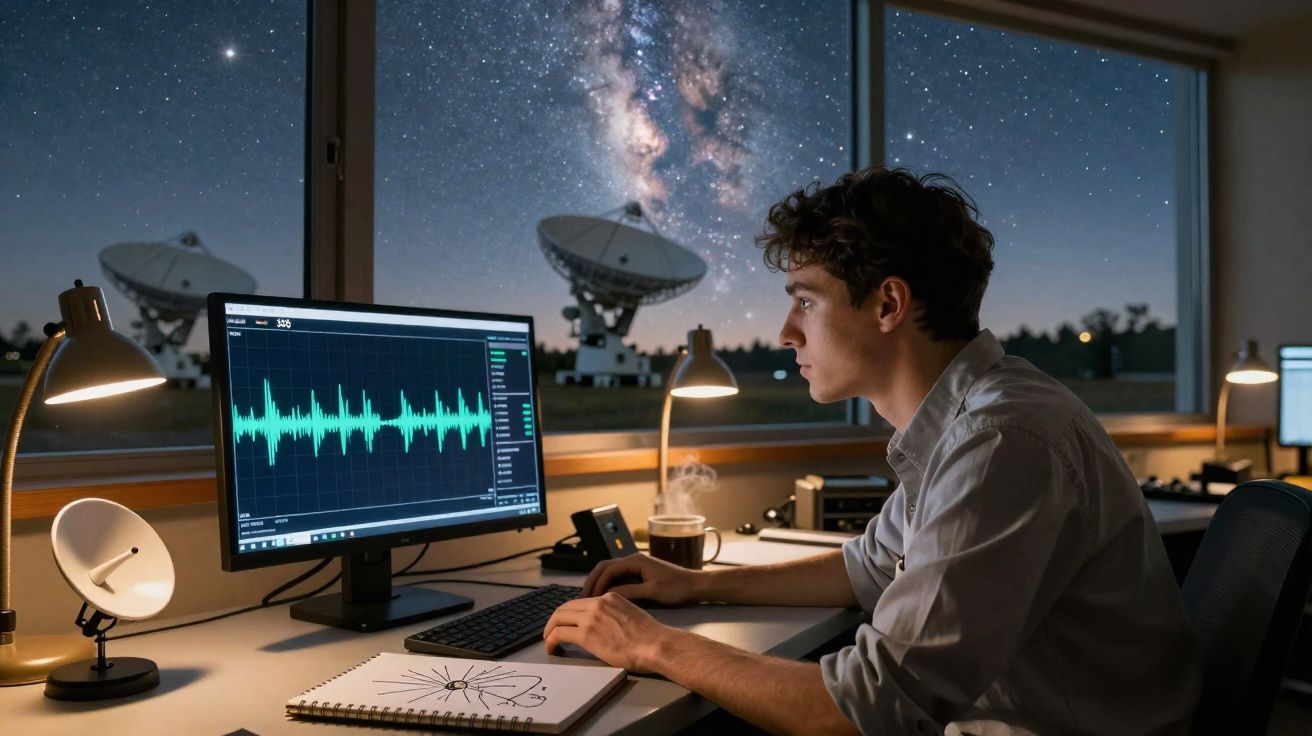 Jeune homme analysant des données audio sur ordinateur dans un observatoire avec vue sur des antennes et la Voie lactée.