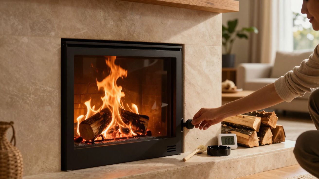 Une personne allume un feu de cheminée dans un salon chaleureux avec des bûches empilées à côté.