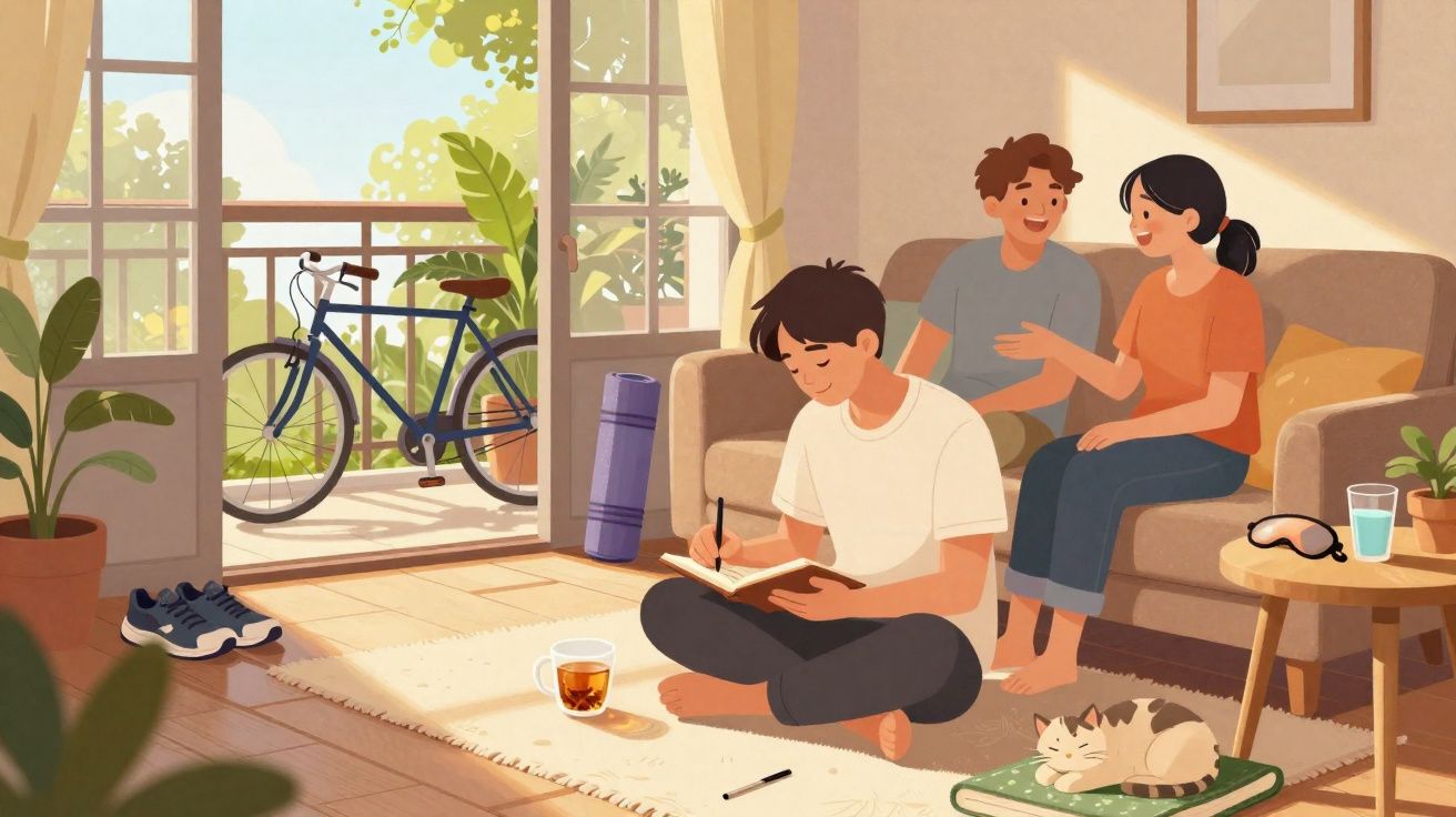 Trois jeunes dans un salon lumineux, un écrit, deux discutent, un chat dort sur un coussin vert.