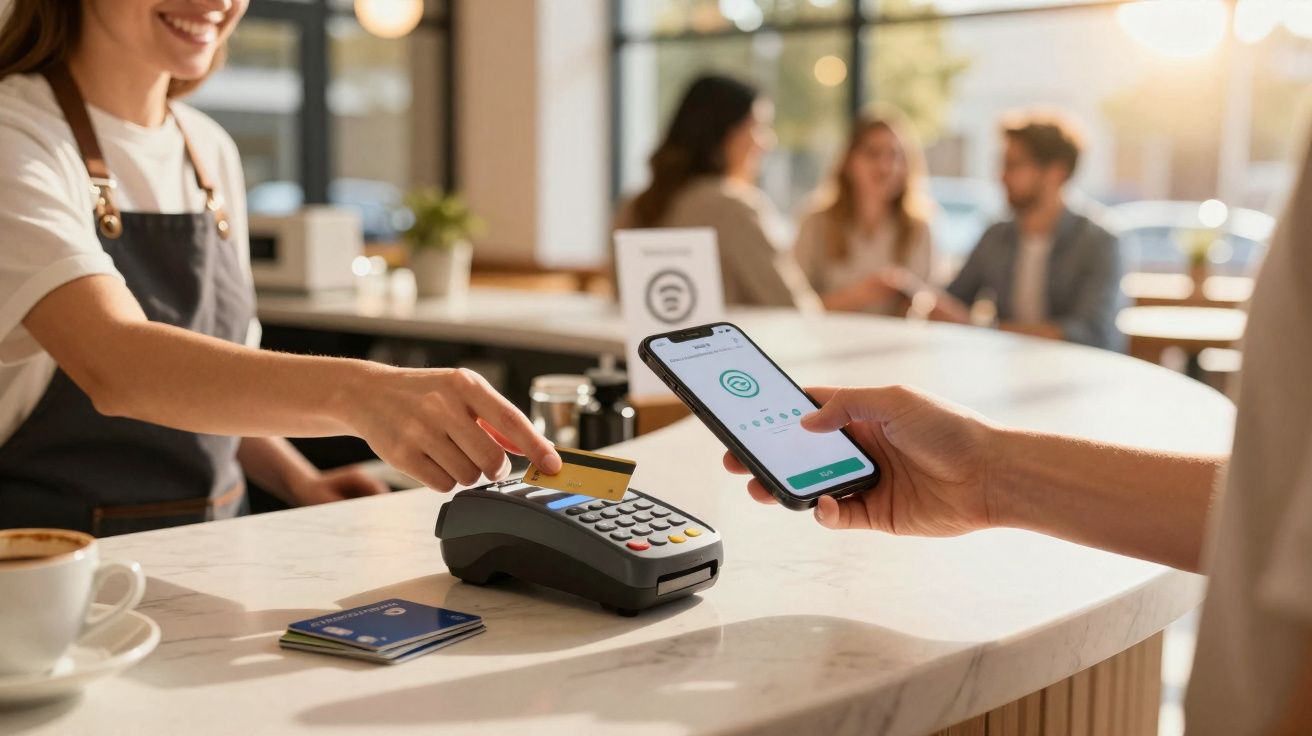 Client paie sans contact avec une carte bancaire au comptoir d’un café lumineux et animé.