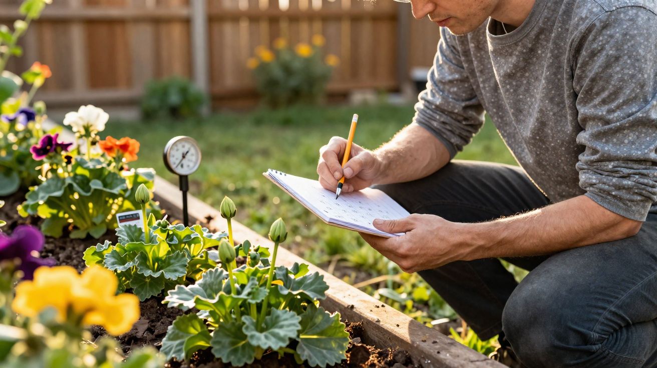 Homme écrit dans un carnet en observant des fleurs et un thermomètre dans un jardin ensoleillé.