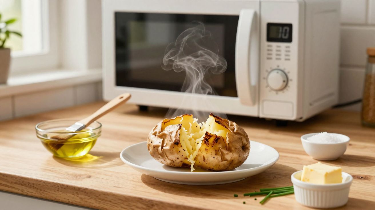 Pommes de terre chaudes et fumantes ouvertes sur une assiette, avec micro-ondes et condiments en arrière-plan.