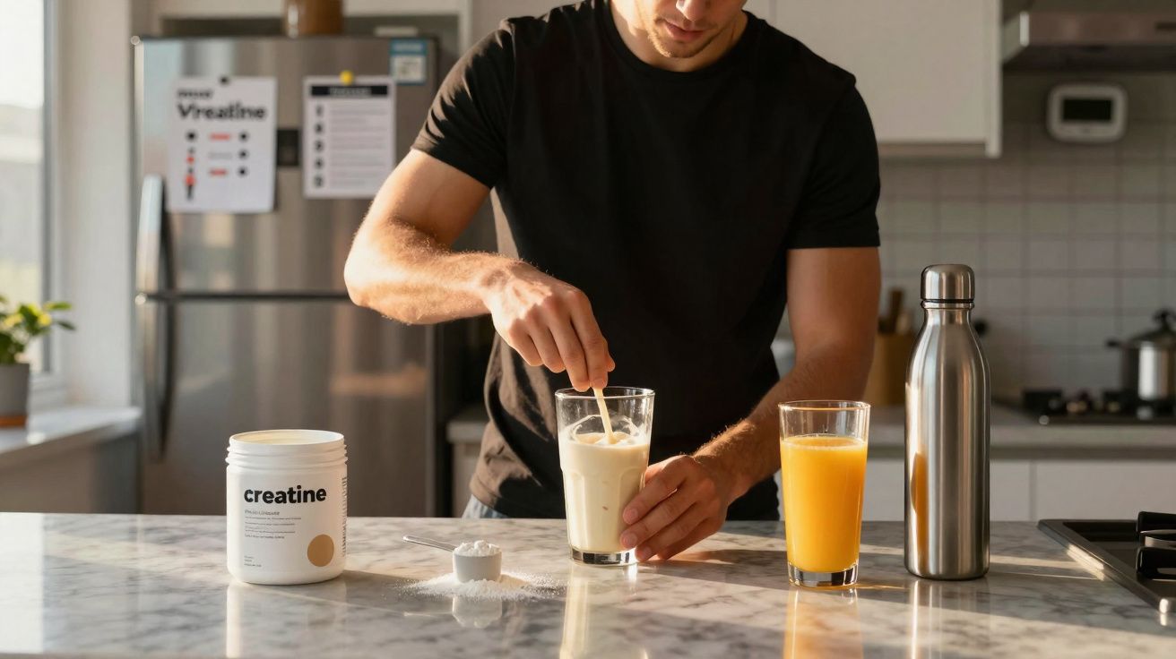 Homme préparant un shaker de créatine dans une cuisine avec un verre de jus d'orange et une bouteille isotherme sur le plan d