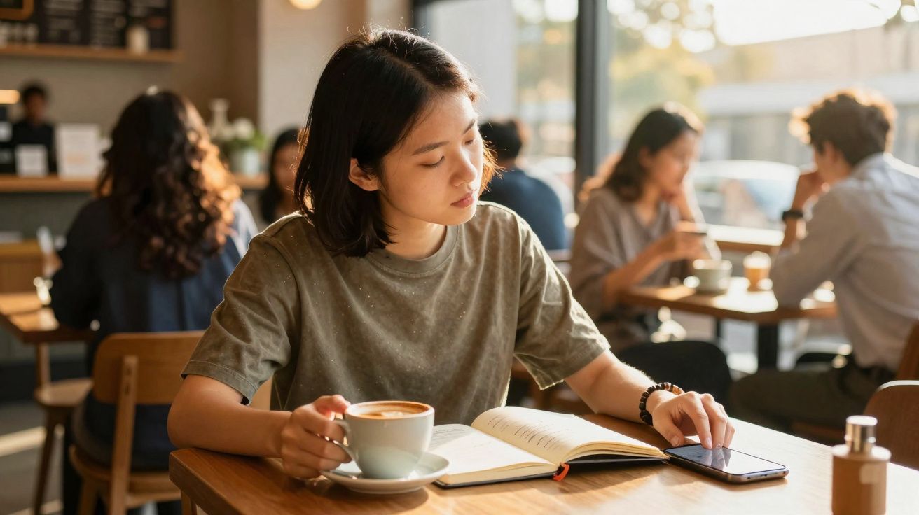 Jeune femme buvant un café et lisant un livre dans un café animé en journée ensoleillée.