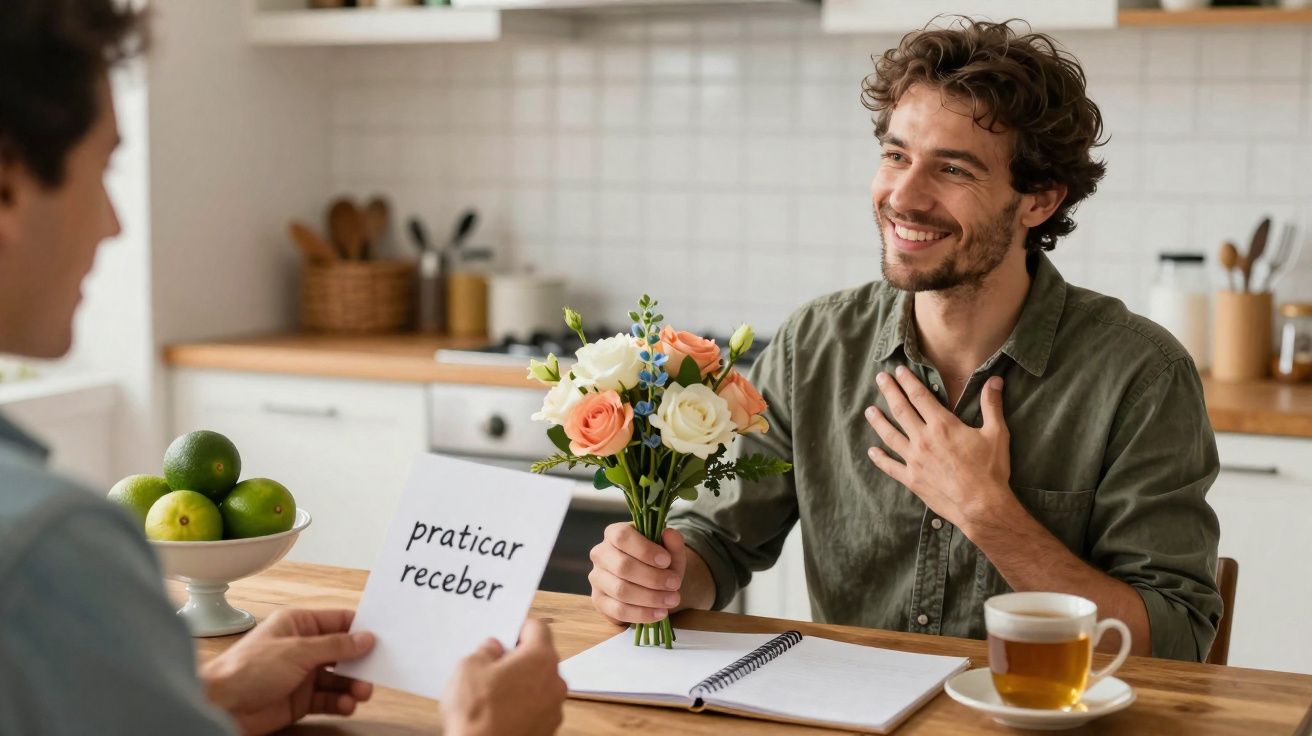 Deux hommes pratiquent une leçon de portugais, l’un offre un bouquet de fleurs à l’autre souriant.