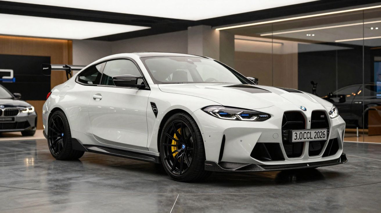 Voiture de sport BMW blanche avec jantes noires et aileron arrière, garée dans un showroom moderne.